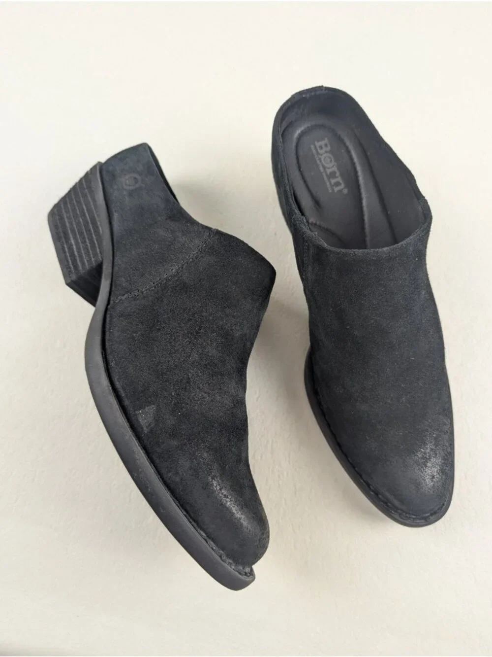 Born Starr Slip On Boot Womens 8.5 Black Suede Distressed Heeled Ankle Mule Clog